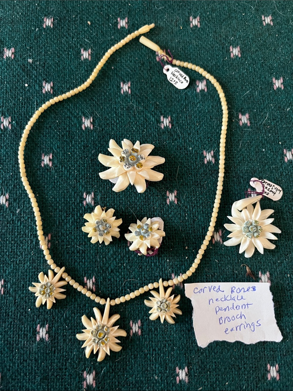 Handcrafted bone carved edelweiss Necklace, brooch Earring Set